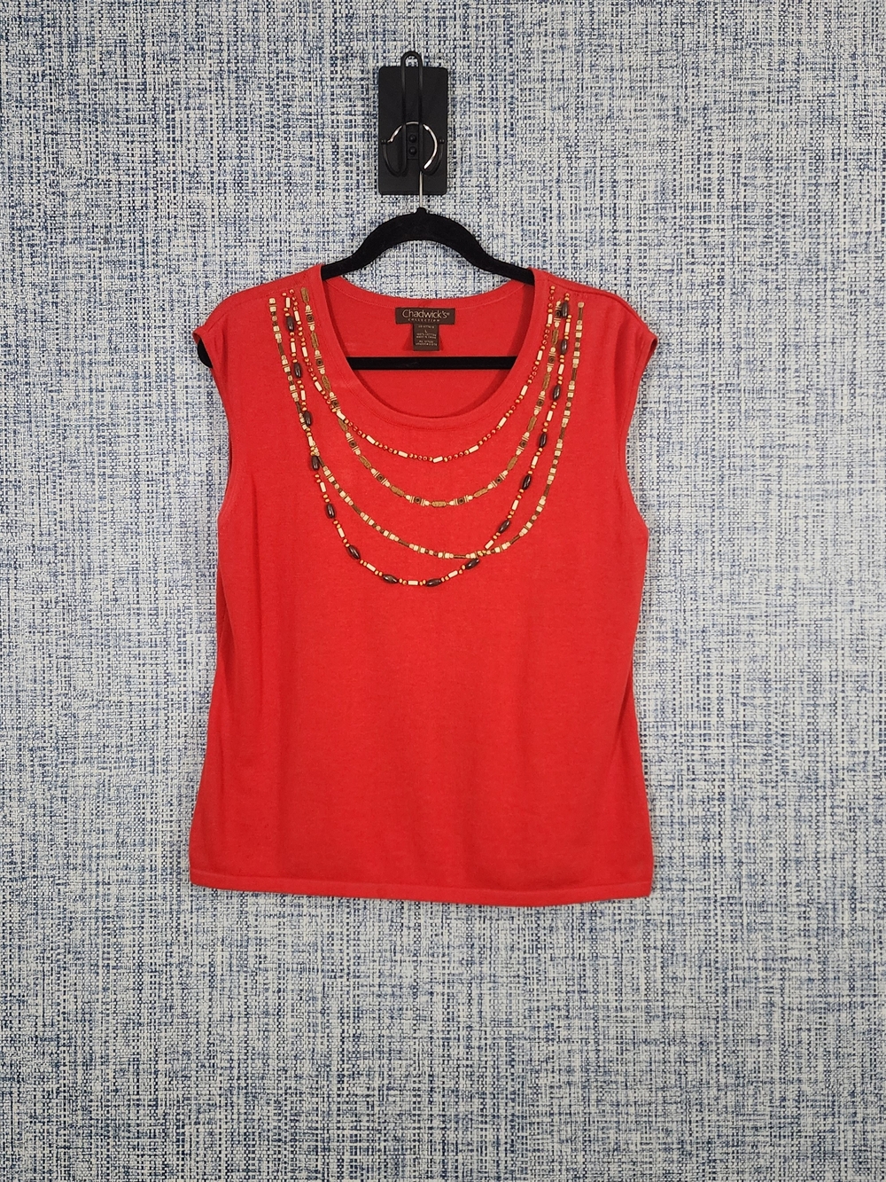 Chadwick’s Collection Red Beaded Neck Sleeveless Top 100% Cotton Large